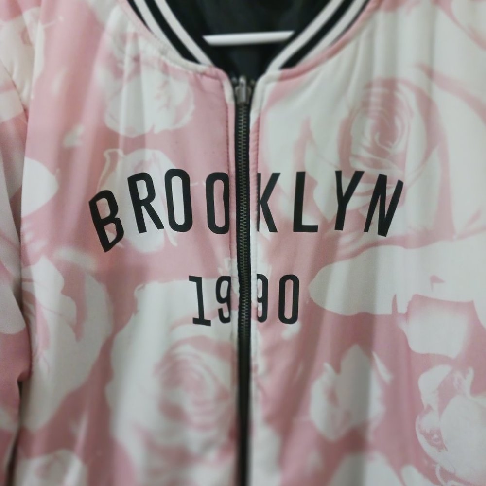 Forever 21 Pink and White Rose Brooklyn 1990 Plus Size Varsity Jacket